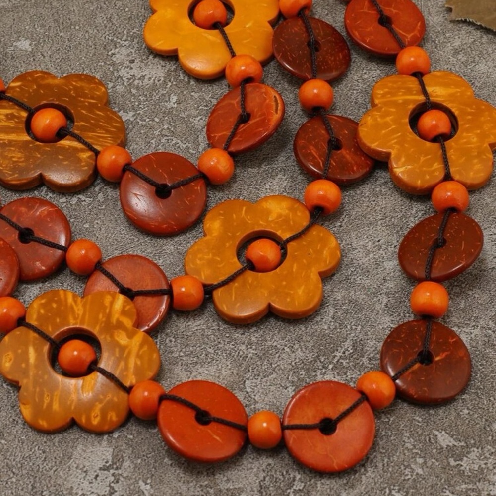 New Artisan Autumn Brown& Orange Wooden Bead Floral Decor Statement Necklace - Picture 4 of 9